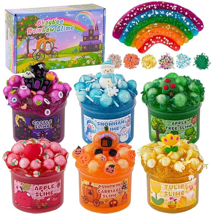 Okaybee 6 PACK GLITTER CRUNCHY SLIME KIT, RAINBOW SLIME FOR KIDS, WITH CUTE SLIME CHARMS & ADD-INS, SLIME PARTY FAVORS SENSORY TOYS, HOLIDAY BIRTHDAY EASTER HALLOWMAS CHRISTMAS GIRLS GIFT & BOYS GIFT - Image 2